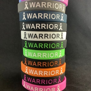 Warrior and awareness ribbon wristband, breast cancer, MS, lung cancer, infertility, brain cancer, motivational wristbands, cancer warrior