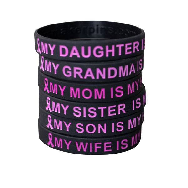 Personalized Hero Wristband: Black & Pink "My (Loved One) is My Hero" Silicone Bracelet w/ Ribbon (Breast Cancer, Family, Support)