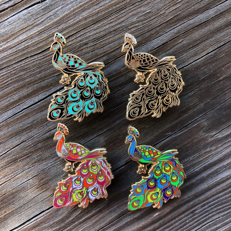 peacocks FULL SET of four Peacock pins peacock designs hat pins lapel pins animal pins kawaii peacock pins enamel pins