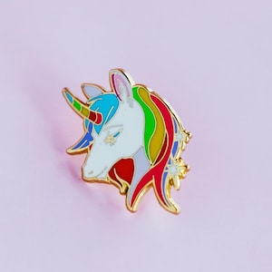 White Unicorn with Rainbow Hair Enamel Pin – Colorful Fantasy Unicorn Gift, Collectible Lapel Pin