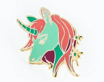 Green Unicorn Enamel Pin: Red Hair, Gold Details - Fantasy Collector's Gift