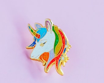 Rainbow unicorn enamel pin w glitter - lapel pins, unicorn lover, kawaii gift, kawaii unicorn pins