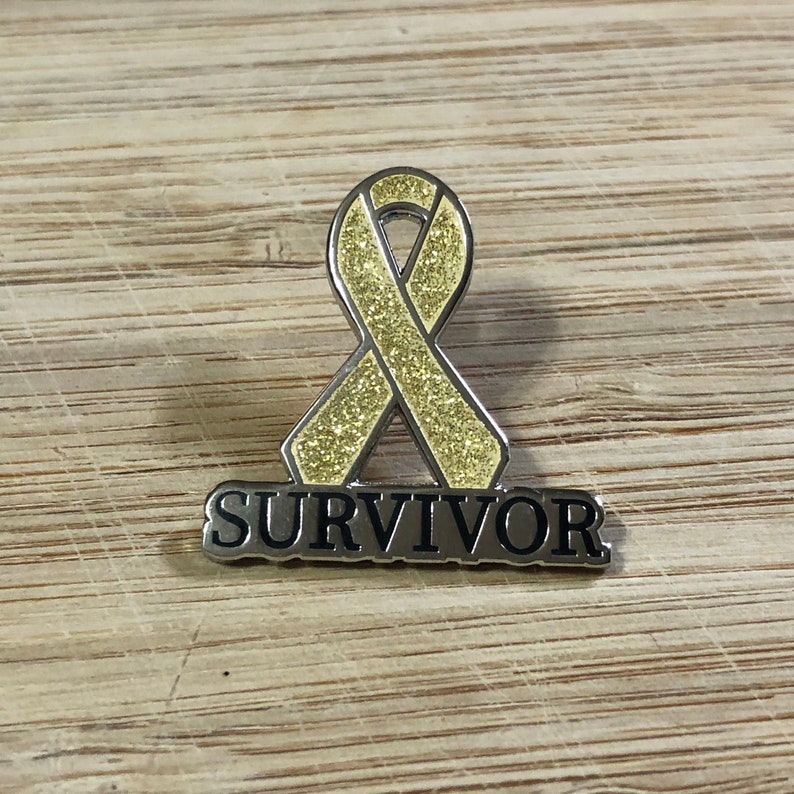 Alveolar Rhabdomyosarco Childhood cancer Neuroblastoma Osteosarcoma Embryonal Rhabdomyosarcoma Gold SURVIVOR awareness ribbon pins
