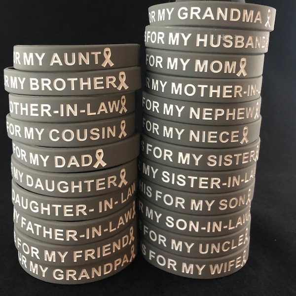 Gray "I wear this for my" honor wristband  - Brain cancer, Brain Tumors, chemo gift, silicone wristband, cancer chemo gift