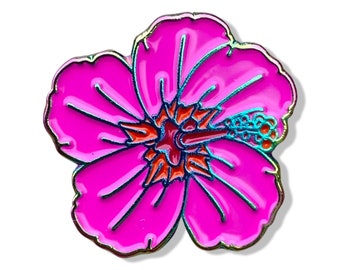 Dark pink hibiscus enamel pin - 0.75", rainbow metal, kawaii pins, flower pins, lapel pins, hat pins, hibiscus gift, flower gift, summer pin