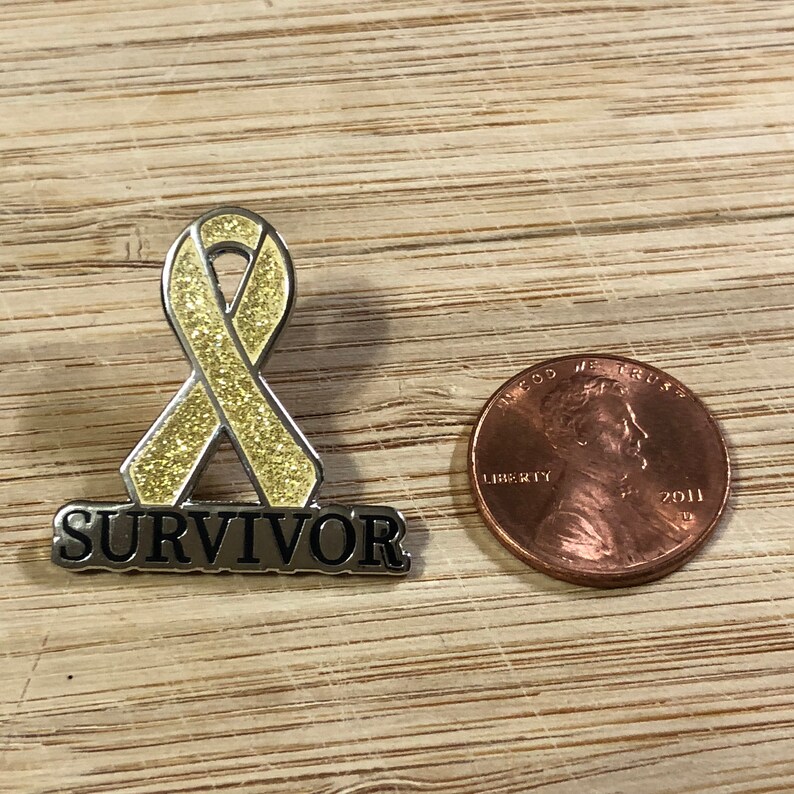 Alveolar Rhabdomyosarco Childhood cancer Neuroblastoma Osteosarcoma Embryonal Rhabdomyosarcoma Gold SURVIVOR awareness ribbon pins