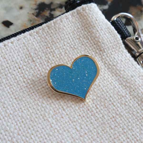 Blue GLITTER heart enamel pin - 1/2-inch, kawaii pins, lapel pins, enamel pins, heart pins, party favor