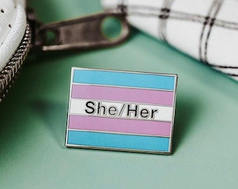 She Her Pronoun Enamel Pin – Transgender Pride Flag