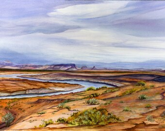 Outside of Page AZ Watercolor Desert Arizona Utah Watercolor Landscape Cloud Painting From Desert