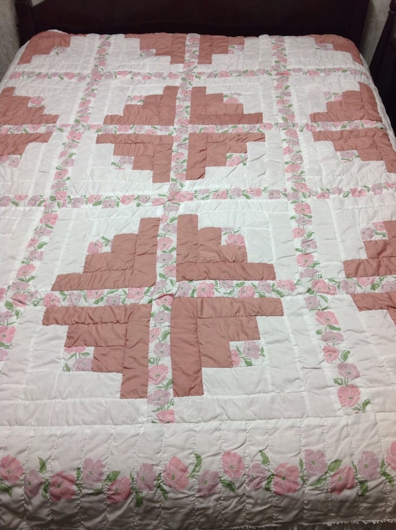 Clearance Mauve White Log Cabin Patchwork Queen Quilt Etsy