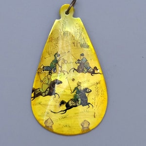 Old Persian Mother of pearl pendent decorated with miniature Persian hand-painted picture of three Polo game riders
