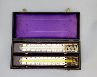 Antik horisontell minimum- och maximumtermometer i en särskild ask. Gammal termometerstation.