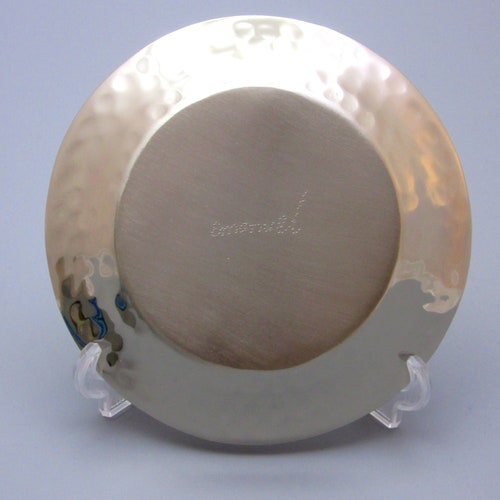 Yair Emanuel Israeli Vintage Judaica hammered aluminum Kiddush cup with saucer , decorated with shops color rings. New in original box.