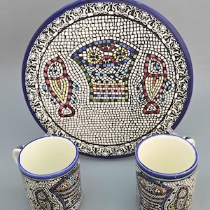 Tabgha Mosaic Ceramic Set - Hand Painted Armenian Pottery Wall Plate & 2 Mugs - Holy Land Fish and Loaves Christian Gift
