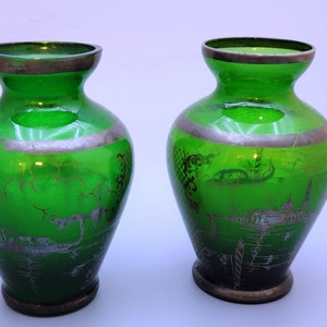 Vintage Venetian  small pair of a green  blown glass vases, decorated with silver images of Gondola and historic building in Venice