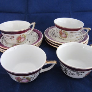 Vintage rare  set of hand painted fine porcelain  espresso cups and plates by Naaman from the 60th, with artist signature Israeli made