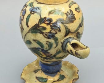 Rare Antique Islamic Art Pottery Oil Lamp, 19thC Middle Eastern Hand-Painted Floral Majolica, Collectible Antique Tin-Glazed Cruet