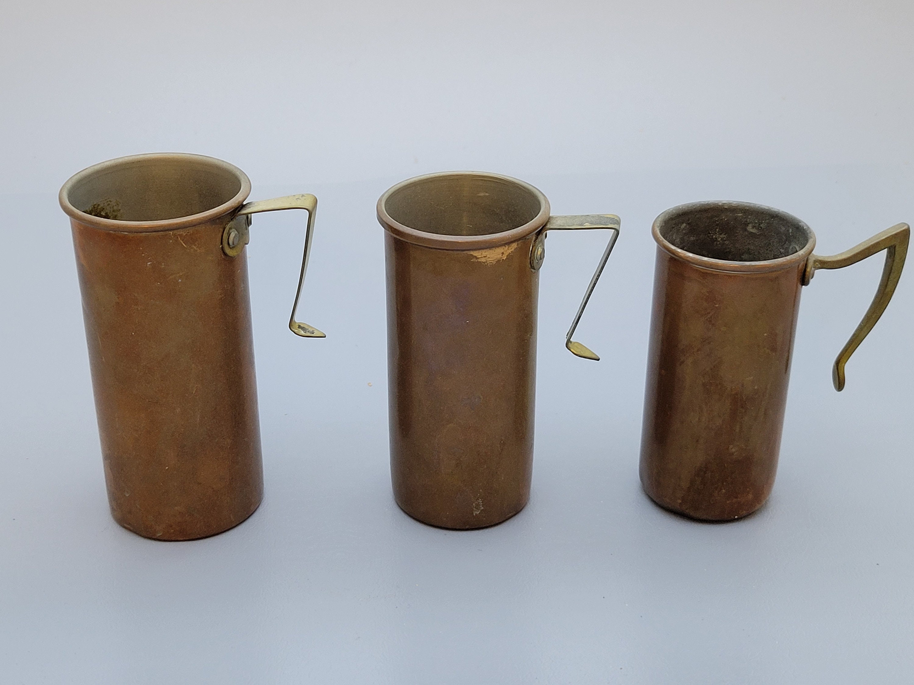 Set of Three Vintage British Copper Measuring Cups With Brass Handles 