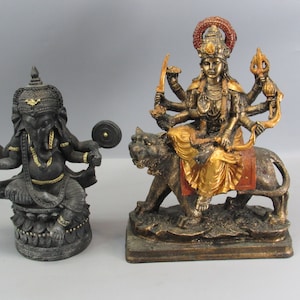 Two Indians Gods figurines, Ganesh and Durga, made from cast polymer, hand painted.