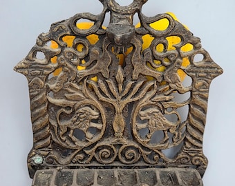 Antique Moroccan Bronze Hanukkah Menorah, Heavy Traditional Oil Lamp, North African Judaica, Riveted Metalwork, Raw Hand-Cast Bronze Decor