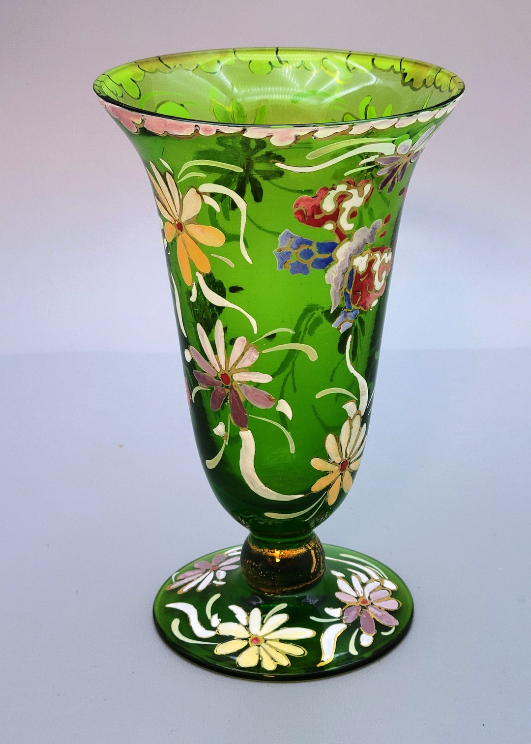 Vintage Bohemian Green Crystal Vase Hand Painted. Etsy