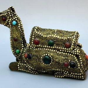 Vintage Indo-Persian wood camel with filigree brass work and decorated with beads and semi-precious  stones.