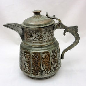 Antique Islamic Otoman Empire  silver plated coffee pot marked. Beautiful decorated 19th century Islamic copper pot