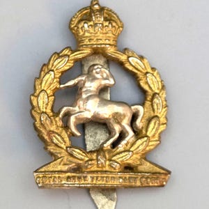 May include: A gold-colored metal badge featuring a crown, a wreath, and a horse figure. The text "ROYAL ARMY VETERINARY CORPS" is inscribed on the bottom. The badge has a pin on the back for attachment.