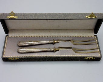 Antique 800 silver German set of two serving forks in an original wood box