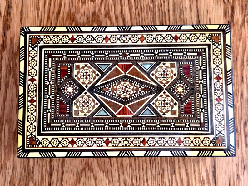 Vintage Damascus Marquetry Box – Bone Inlay Wood Humidor Style Collectible image 1