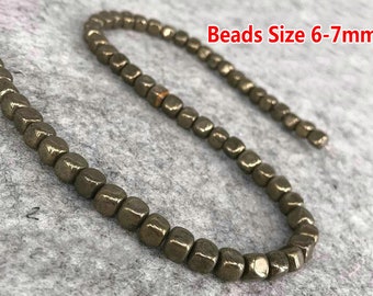 Natural Pyrite Beads Nugget Smooth Cube Pyrite Beads Fools Gold Beads 15" Strand 6-7mm Beads