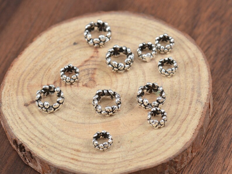 Silver Daisy Ring Spacer Beads Bail Antique Style Large Hole 925 Sterling Silver Flower Beads 6mm or 8mm