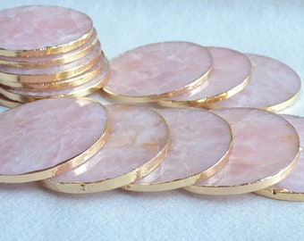 3.5'' Rose Quartz Coaster Natural Pink Crystal Gold Edge Round Bar Coasters Drink Coaster Set Barware Teacup Mat Stone Slab Slices