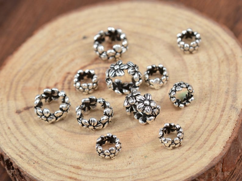 Silver Daisy Ring Spacer Beads Bail Antique Style Large Hole 925 Sterling Silver Flower Beads 6mm or 8mm