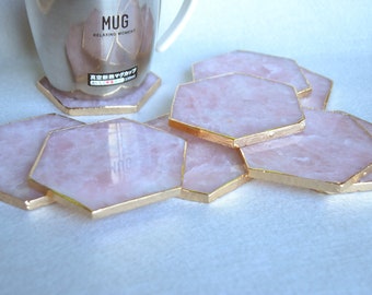 3-3.5'' Rose Quartz Coaster Natural Pink Crystal Gold Edge Hexagon Bar Coasters Drink Coaster Set Barware Teacup Mat Stone Slab Slices