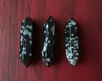 3 pieces - Hexagon Faceted Natural Snowflake Obsidian Stone Point Double Terminated Wand Stick 30mm