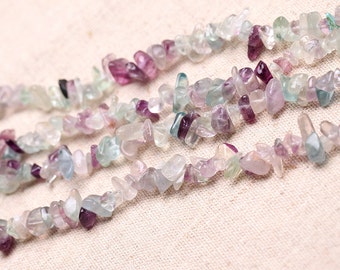 May include: A strand of multi-colored gemstone chips, featuring shades of green, purple, and white. The chips are irregularly shaped and have a natural, polished finish.