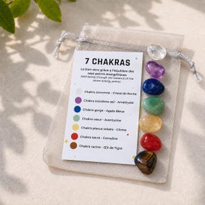 Peut inclure: Un ensemble de sept pierres polies disposées verticalement à côté d'une carte informative blanche intitulée 7 CHAKRAS. Les pierres incluent cristal de roche, améthyste, agate bleue, aventurine, citrine, cornaline et œil de tigre sur un sachet transparent.