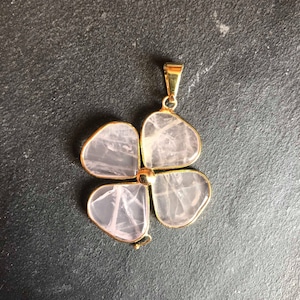Semi-precious stone clover pendant, Rose Quartz, gold necklace