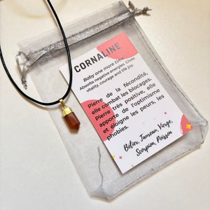 Pendentif en pierre rouge  taillé en pointe, serti d’un capuchon doré et accroché à un cordon noir, doté d’une fiche expliquant les vertus de la pierre et d’une petite pochette