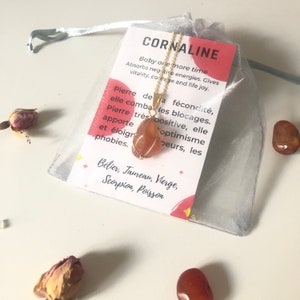 K&ouml;nnte beinhalten: Eine goldene Halskette mit einem Anh&auml;nger aus Karneol. Die Halskette befindet sich in einem wei&szlig;en Organzas&auml;ckchen mit einer Karte, auf der steht: "CORNALINE Baby one more time Absorbs negative energies. Gives vitality, courage and life joy. Pierre de la f&eacute;condit&eacute;, elle comba les blocages. Pierre tr&egrave;s positive, elle apporte "optimisme peurs, les phobies. B&eacute;lier, Jaurean, Vierge, Scorpion, Poisson"