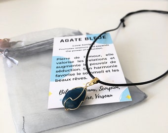 Blå agathänge, trumlad halvädelsten, halsband, 18k guldpläterad