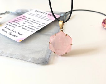 Pendentif Héxagone, en pierre semi précieuse, Quartz Rose, plaqué or 18k