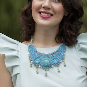 Turquoise bead bib necklace~ Gemstone bib necklace~ Blue statement necklace~ Luxury jewelry~ Statement jewelry~Baroque beaded necklace~ Boho
