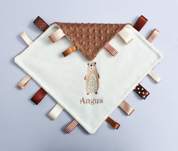 Personalised Baby Tag Comfort Blanket Mountain Bear Satin Etsy