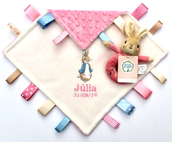 Peter Rabbit's Flopsy Rattle Taggy Blanket Choose Personalised Unique Baby Gift 