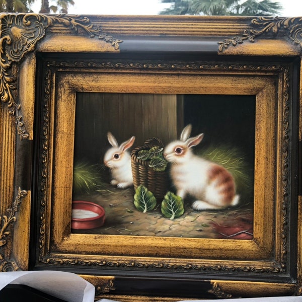 Vtg French Country Rabbits Painting