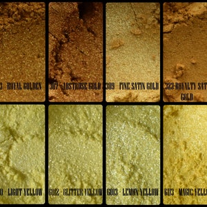 May include: A collection of gold and yellow pigment powders. The image displays twelve different shades, ranging from pearl and glitter gold to bright and dark yellow. Each shade is labeled with a number and name.