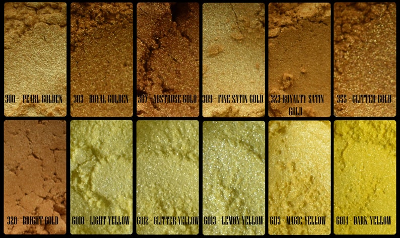 May include: A collection of gold and yellow pigment powders. The image displays twelve different shades, ranging from pearl and glitter gold to bright and dark yellow. Each shade is labeled with a number and name.