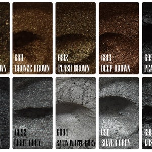 May include: A collection of ten samples of metallic pigments in various shades of brown, gray, and black. Each sample is labeled with a color name and a code number. Colors include Luster Brown, Bronze Brown, Flash Brown, Deep Brown, Pearl Black, Luster Grey, Light Grey, Satin White Grey, Silver Grey, and Luster Black.